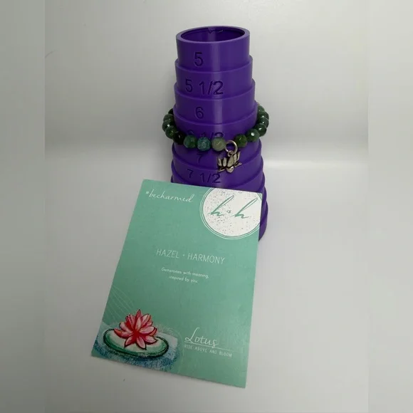 Moss Agate & Pewter Lotus Charm Stretch Bracelet NIP - Hazel and Harmony - Picture 8 of 13